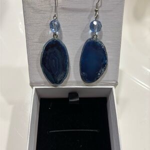 Blue Agate Slice Drop Earrings | Silver Tone Hooks | Boho Statement